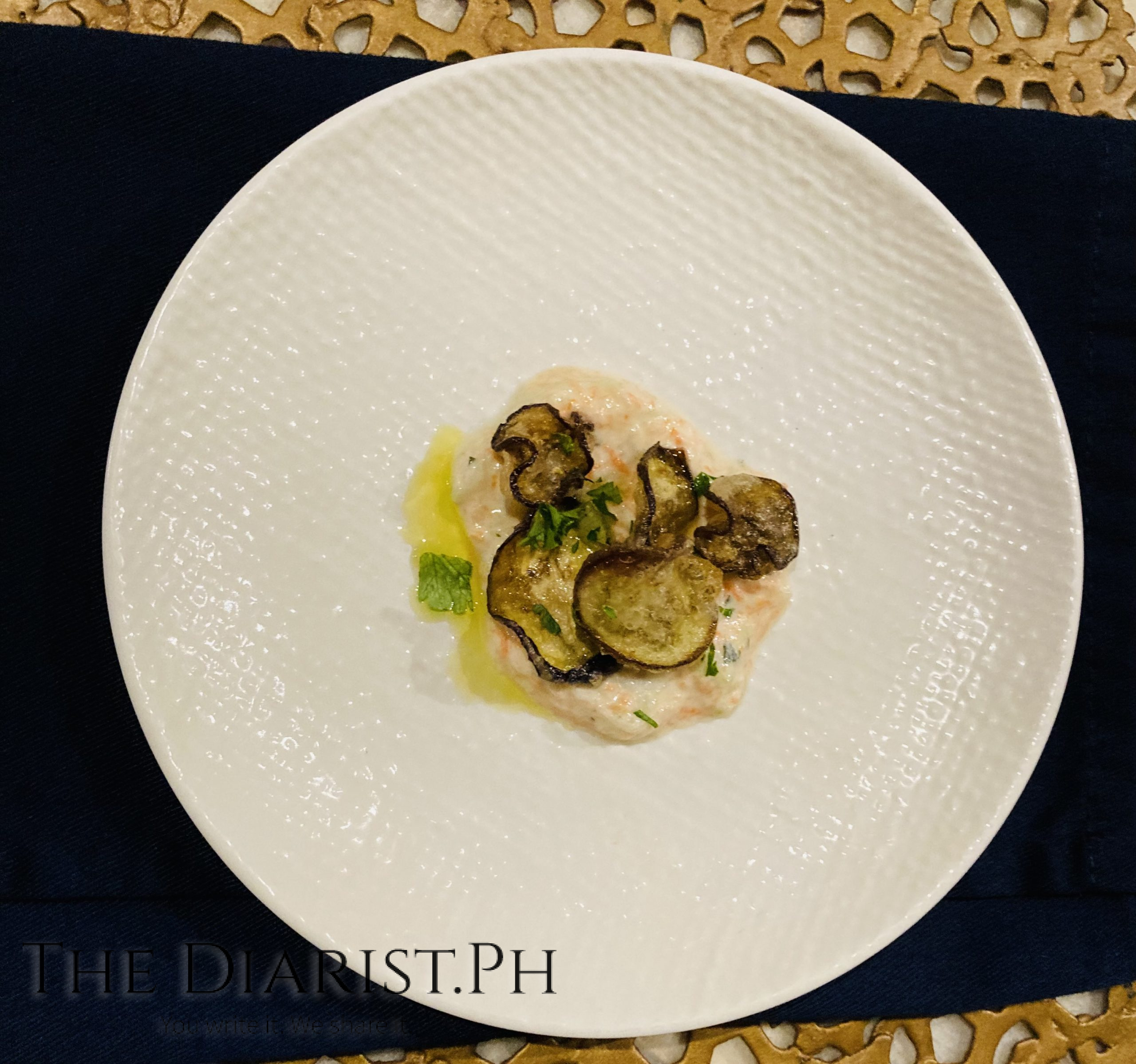 Tiganita Melitzana Metzatziki (Fried eggplant, ouzo and beer batter, mint tzatziki)