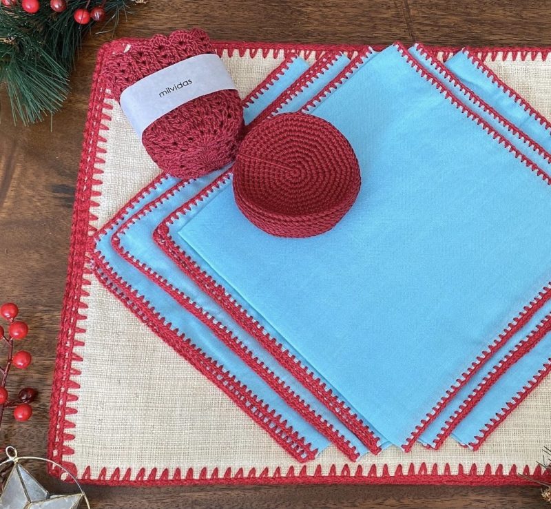 Rafia placemats and napkins with hand crochet at the ends and hand crochet glass coasters availoable in different colors by Milvidas