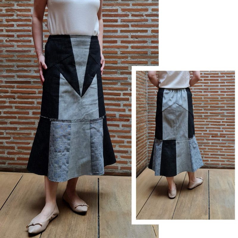 denim midi patchwork skirt with binakol from abra